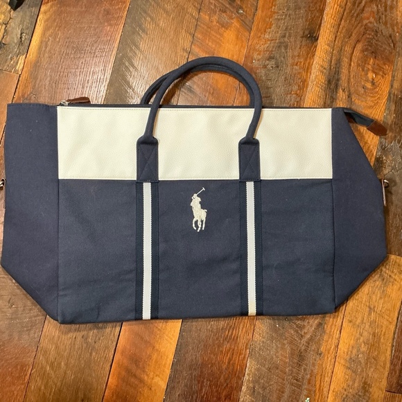 Polo Ralph Lauren Navy Canvas Leather Trim Large Tote Travel Carryall Bag - Picture 1 of 7